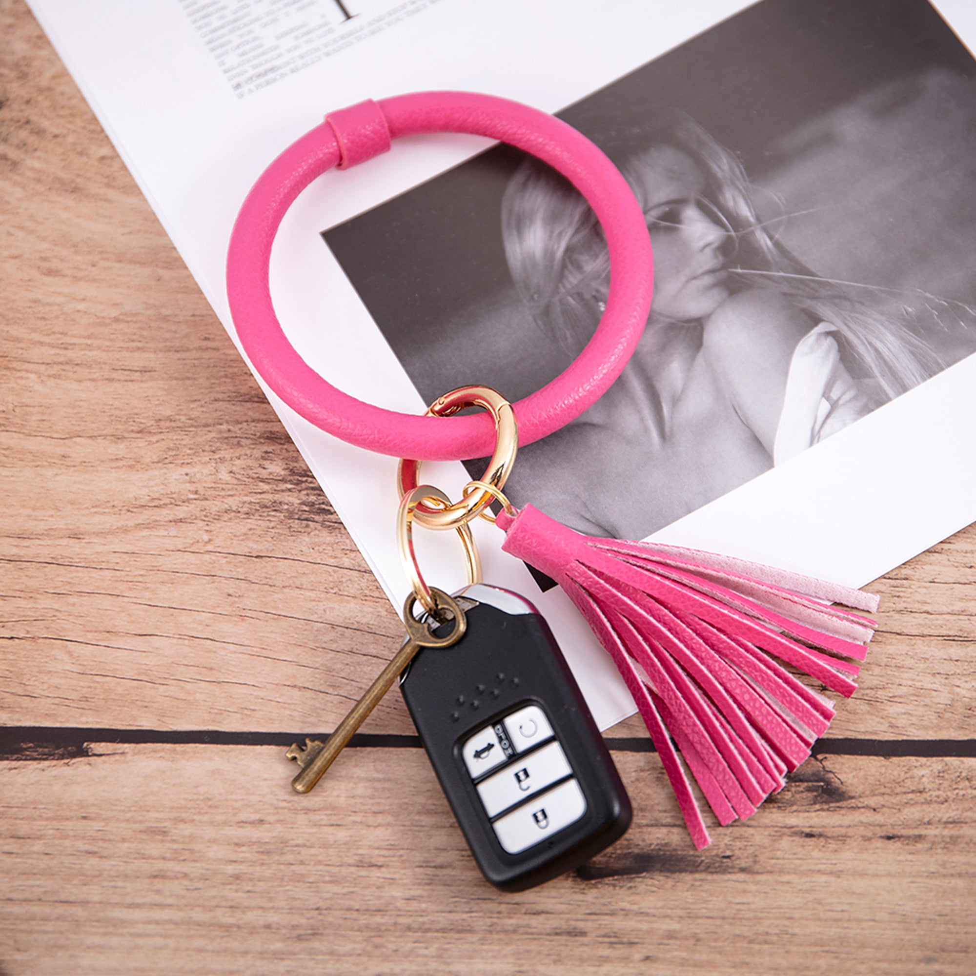 NK Home NK HOME Wristlet Round Key Ring Chain Leather Oversized Bracelet Bangle Keychain