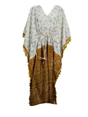Mogul Bohemian Gypsy Chic Caftan Dress V Neckline Pom Pom Trim Floral Maxi Tunic Cover Up 3XL