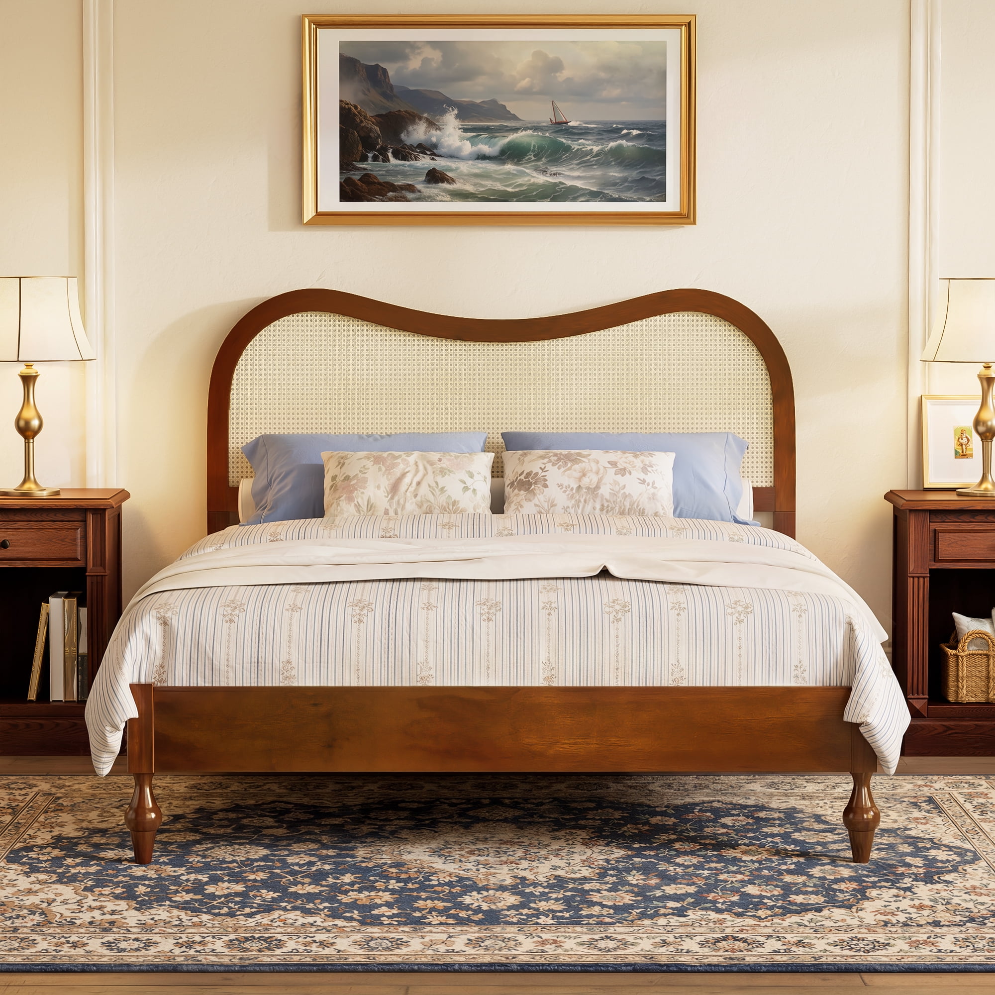 Euroco Queen Size Mid-Century Wood Platform Bed with Curved Rattan Cane Headboard, Scandinavian Natural Style Bed, No Box Spring Needed, Walnut