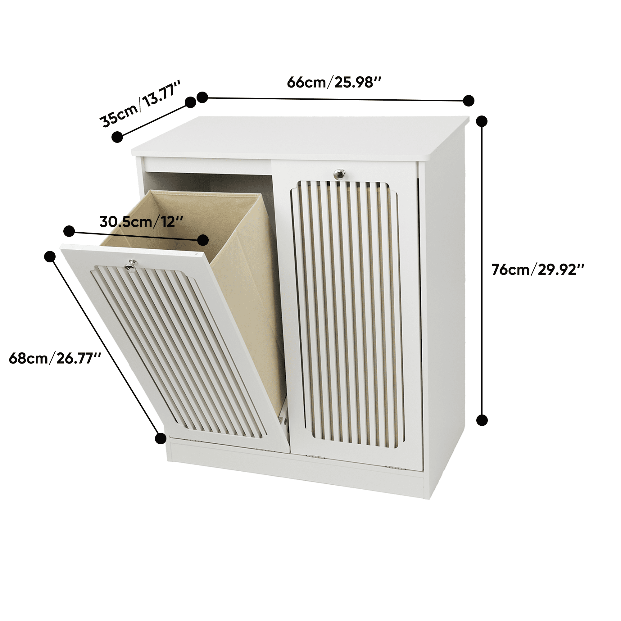 Flip-Top Louvered Laundry Hamper Cabinet with Dual Fabric Compartments, Moisture Resistant MDF Freestanding Storage Organizer for Bathroom Balcony Laundry Room