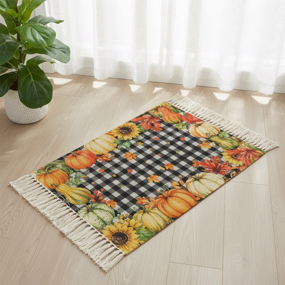 Thanksgiving Autumn Orange Pumpkins Boho Hallway Runner Rug 2x3ft, Kitchen Runner Rug Tassel Rugs, Buffalo Plaid Frame Area Rugs Floor Carpet for Living Room Bedroom Entryway