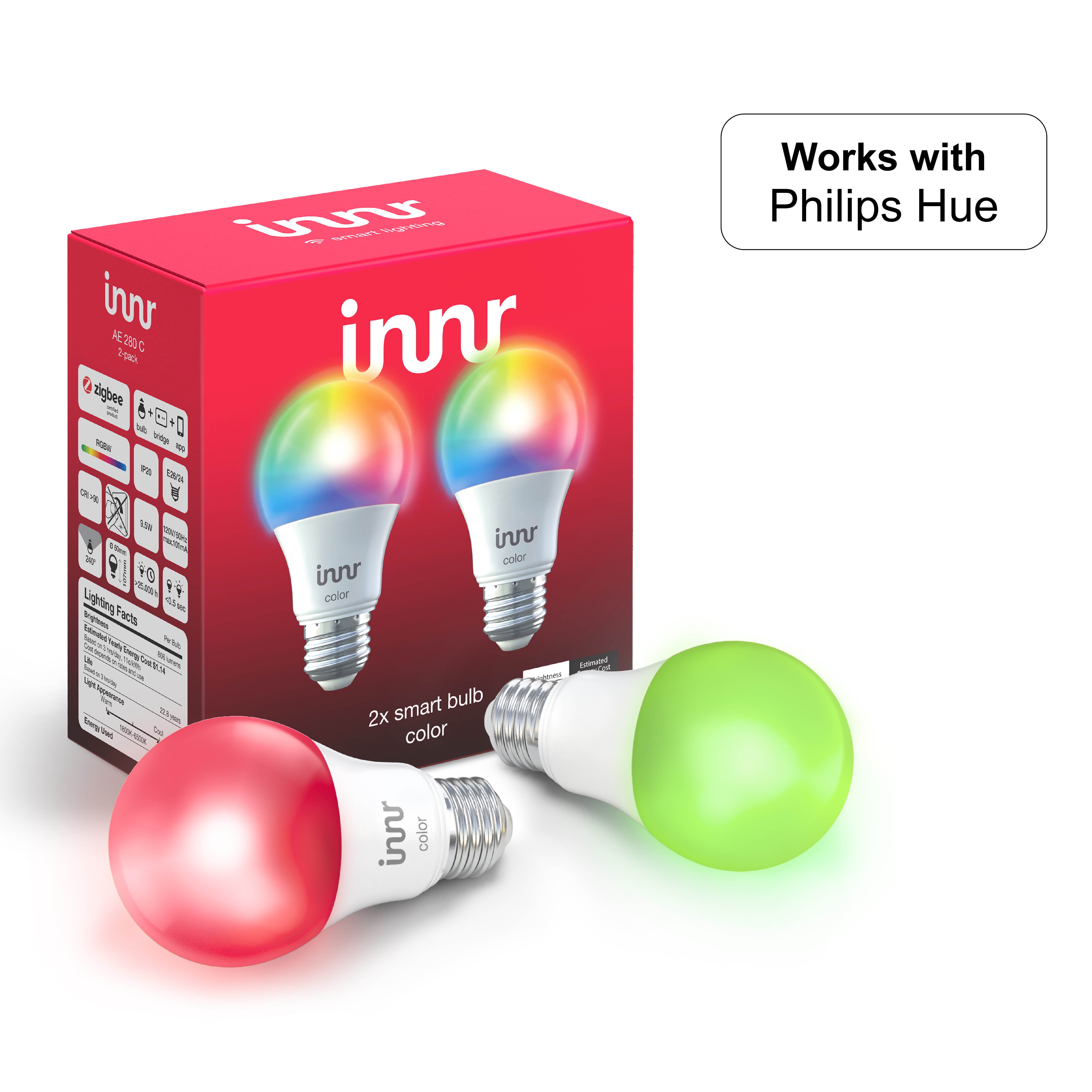 Innr Smart Bulb A19, with Philips Hue, SmartThings, Alexa, Google Home (Hub Required), Dimmable RGBW Light Bulb, 60W Equivalent, AE 280C - Walmart.com