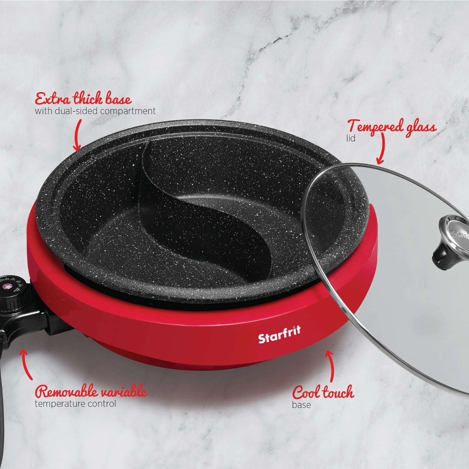 THE ROCK by Starfrit 3.2-Qt. Dual-Sided Electric Hot Pot with Glass Lid, Red, 024425-002-0000