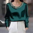 thumbnail image 5 of ManxiVoo Women Pearl Detail Satin Top Long Sleeve Crew Neck Blouse Elegant Fall Work Shirt Luxe Feel Blouse XXL Size Green, 5 of 7