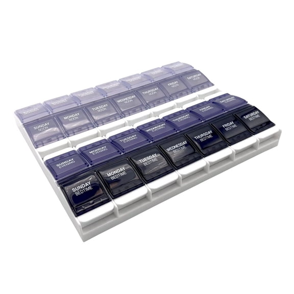 Ezy Dose Weekly (7-Day) Pill Organizer with Push Button Compartments & Gray Lids, 4 Times a Day