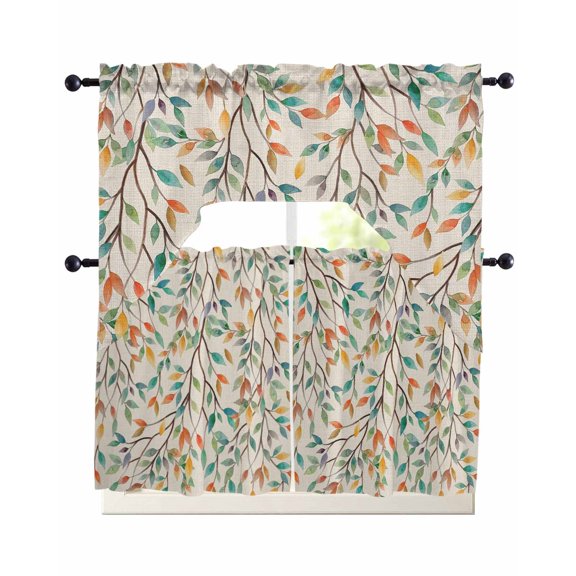 Teal Orange Eucalyptus Swag Curtains for Living Room/Bedroom Windows, Spring Botanical Leaves Kitchen Curtains and Valances Set 36 Inch Length, Light Filtering Swags Valance Curtain Panels