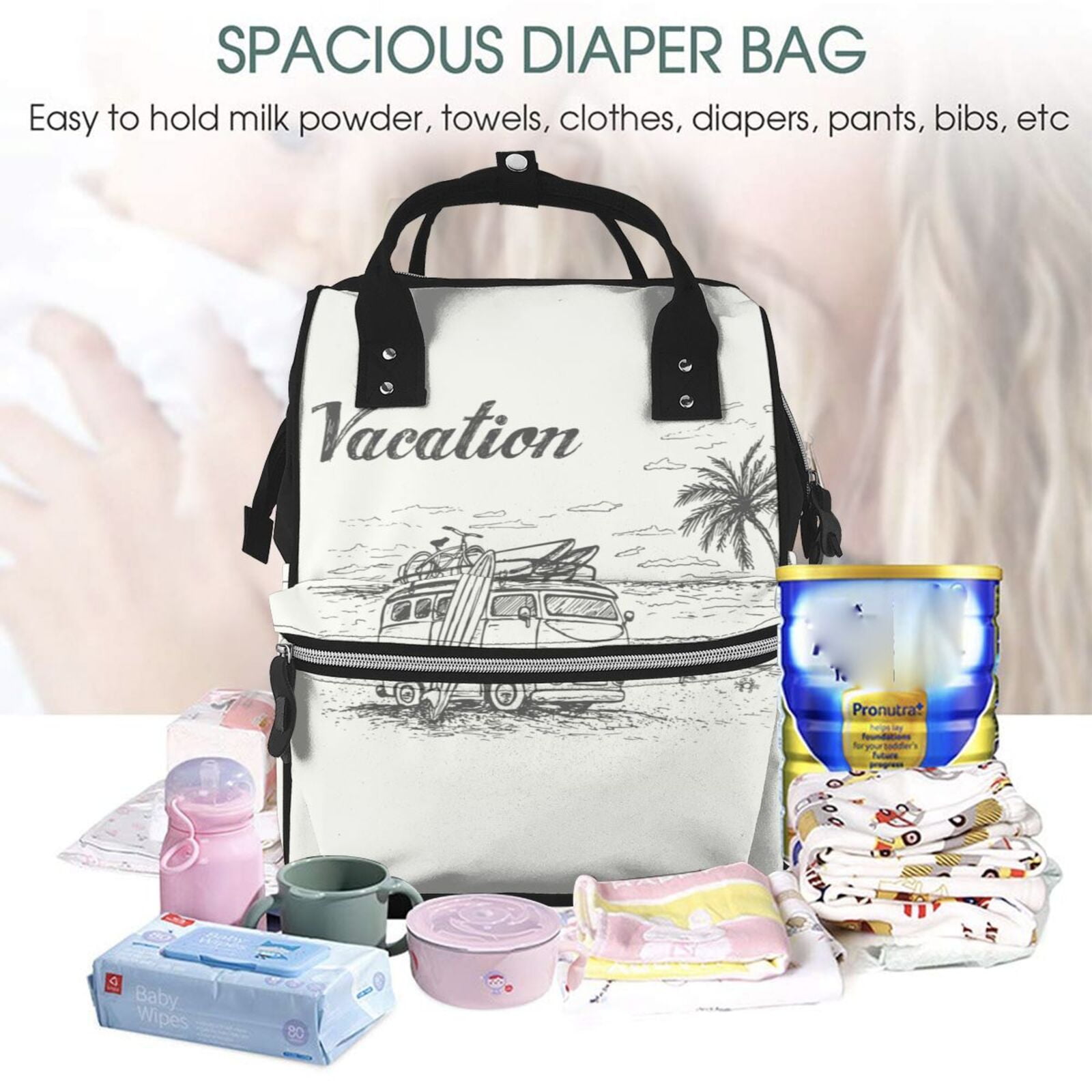 Defioc Summer Vacation Scene With Camping Van for Baby Diaper Bag Backpack - Baby Bag for Boys & Girls - Diaper Backpack - Large Travel Diaper Bags- Baby Registry Search & Shower Gifts