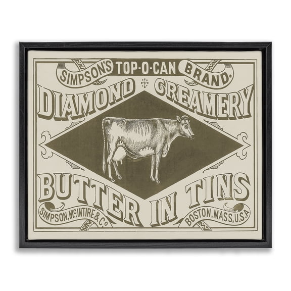Stupell Industries Vintage Creamery Advertisement Food & Beverage Painting Black Floater Framed Canvas Art Print Wall Art, 21 x 17