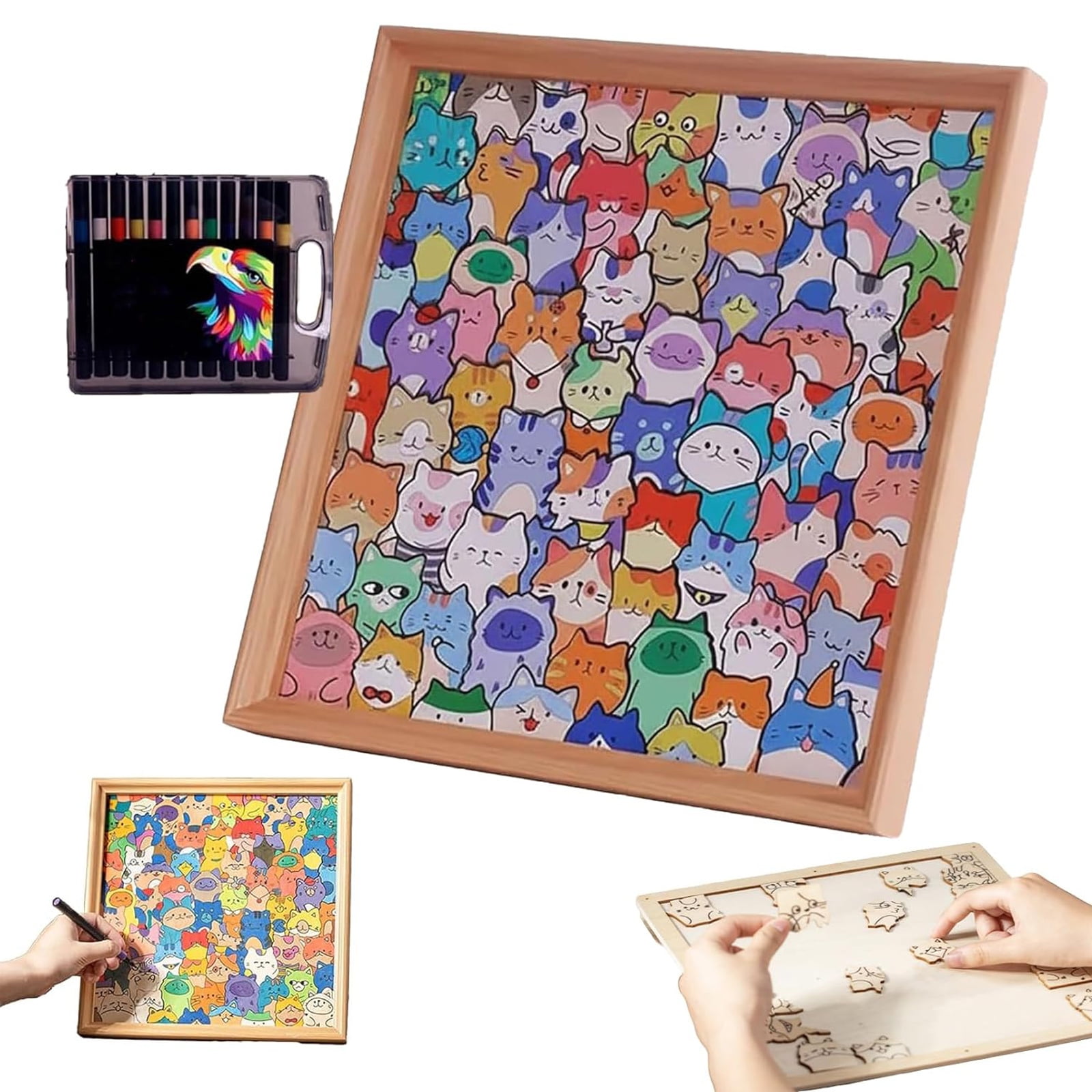 DIY Wooden Cat Puzzle Frame, Wooden Coloring Puzzle, Paintable Creative Handmade Photo Frame, Cat Puzzles Decor for Home Decoration Craft Lover (with Multi-Color Pens)
