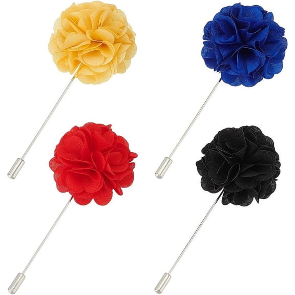 4 Pcs Flower Men's Lapel Pins Black Red Yellow Blue Handmade Boutonniere Pin Polyester Floral Brooch Pin for Men Suit Boutonniere Brooch Pins for Men Groom Wedding Gentleman's Essential Platinum