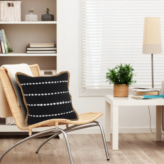 Ox Bay Ringo 18" x 18" Black/White Jute Bordered Striped Cotton Adult Decorative Throw Pillow Cover