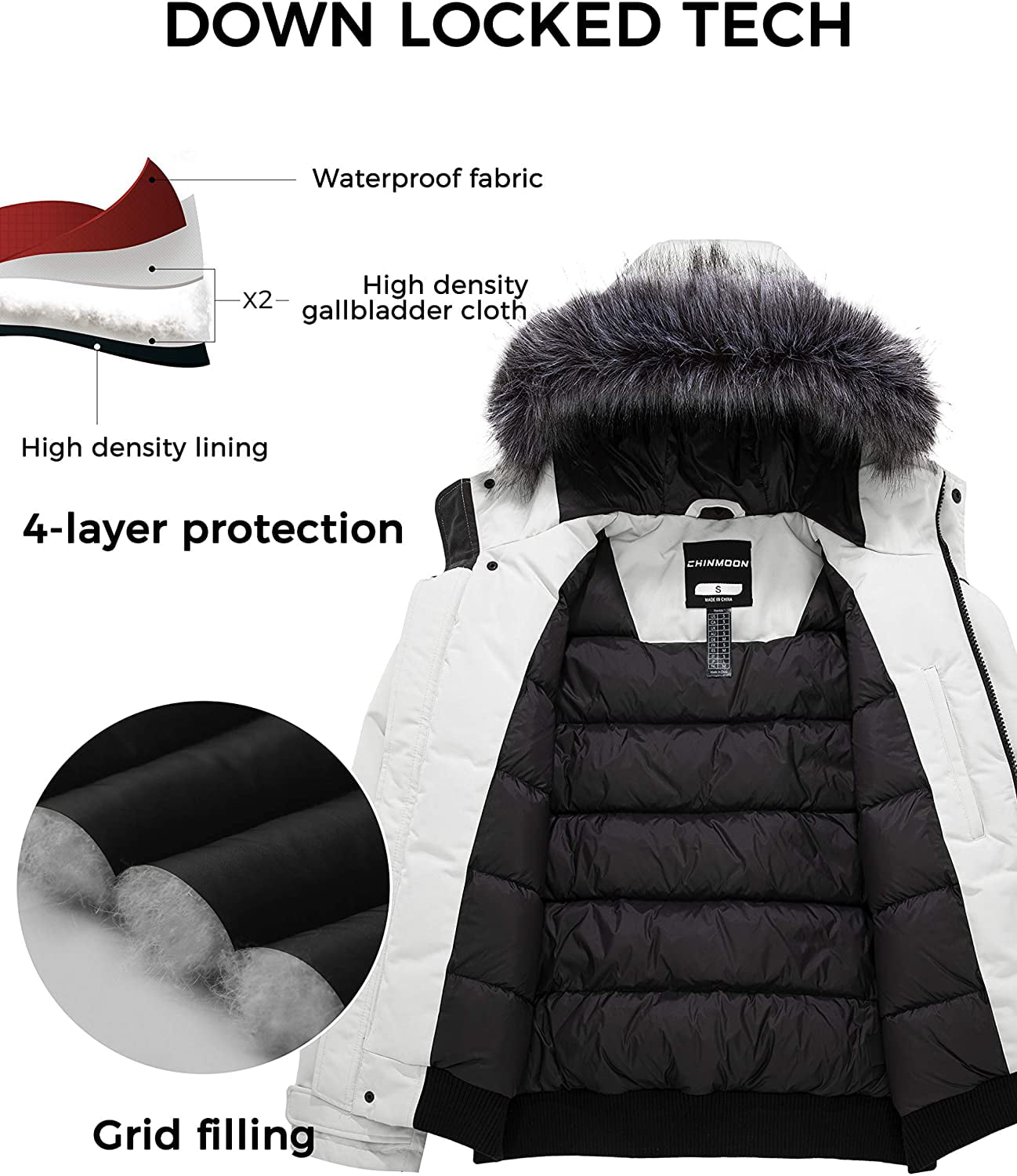 CHIN·MOON Men's RDS Down Jacket Waterproof Puffer Coat Thickened Winter Parka Jacket with Fur Hood