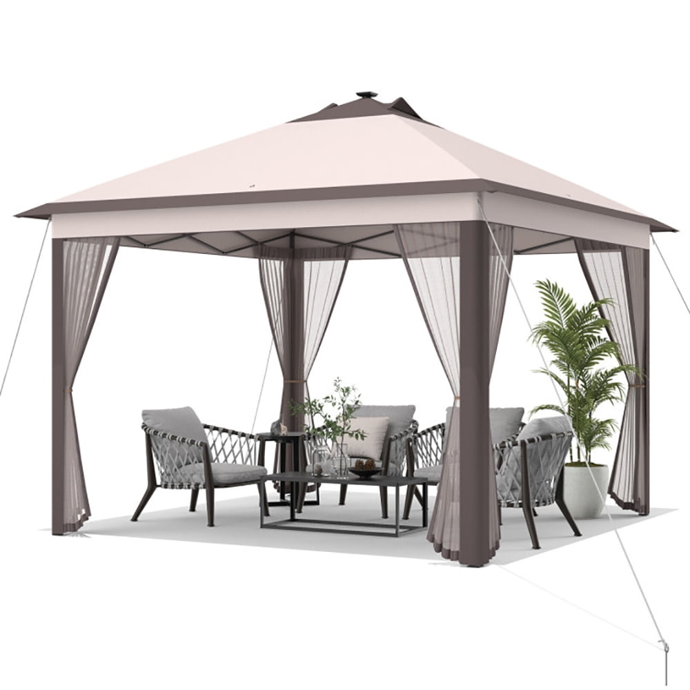 Aimee Lii 11 x 11 Feet Portable Outdoor Patio Folding Gazebo with Led Lights, Backyard Canopy Gazebo, Beige