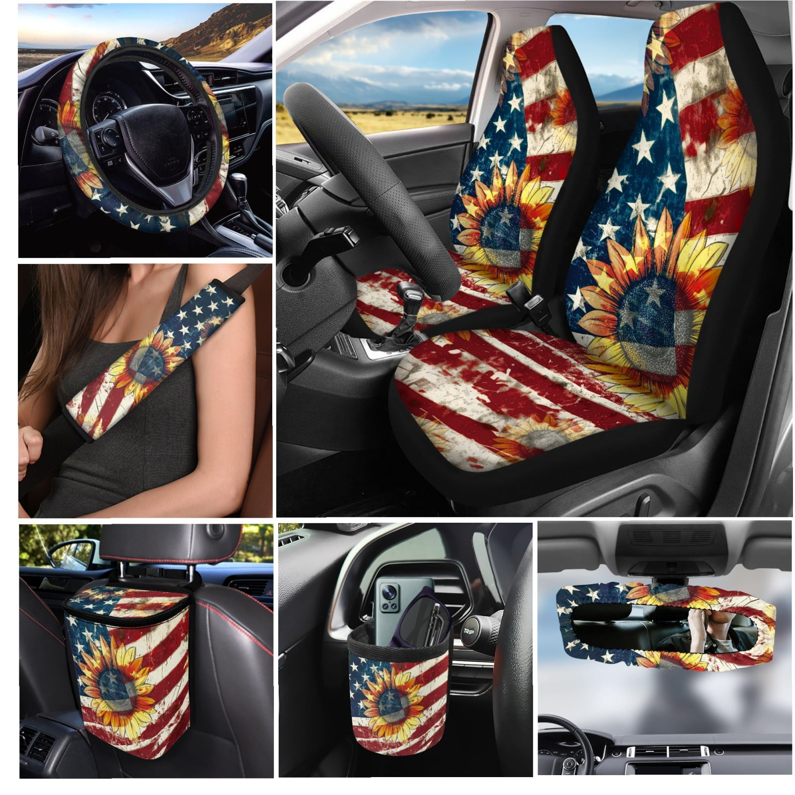 Jeiento American Flag Car Front Back Seat Covers with Steering Wheel Cover Seat Belt Pads Car Cup Mat Garbage Can Rear View Mirror Cover Wristlet Keychain Sunflower Air Vent Storage Holder, 15pcs