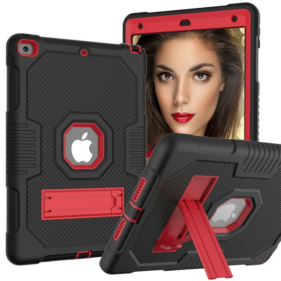 Jiahe Cover Case For iPad 9th/8th/7th Generation 10.2 inch,Shockproof Heavy Duty Rugged Drop proof Three Layer Protection Kickstand Case Cover,Black + Red