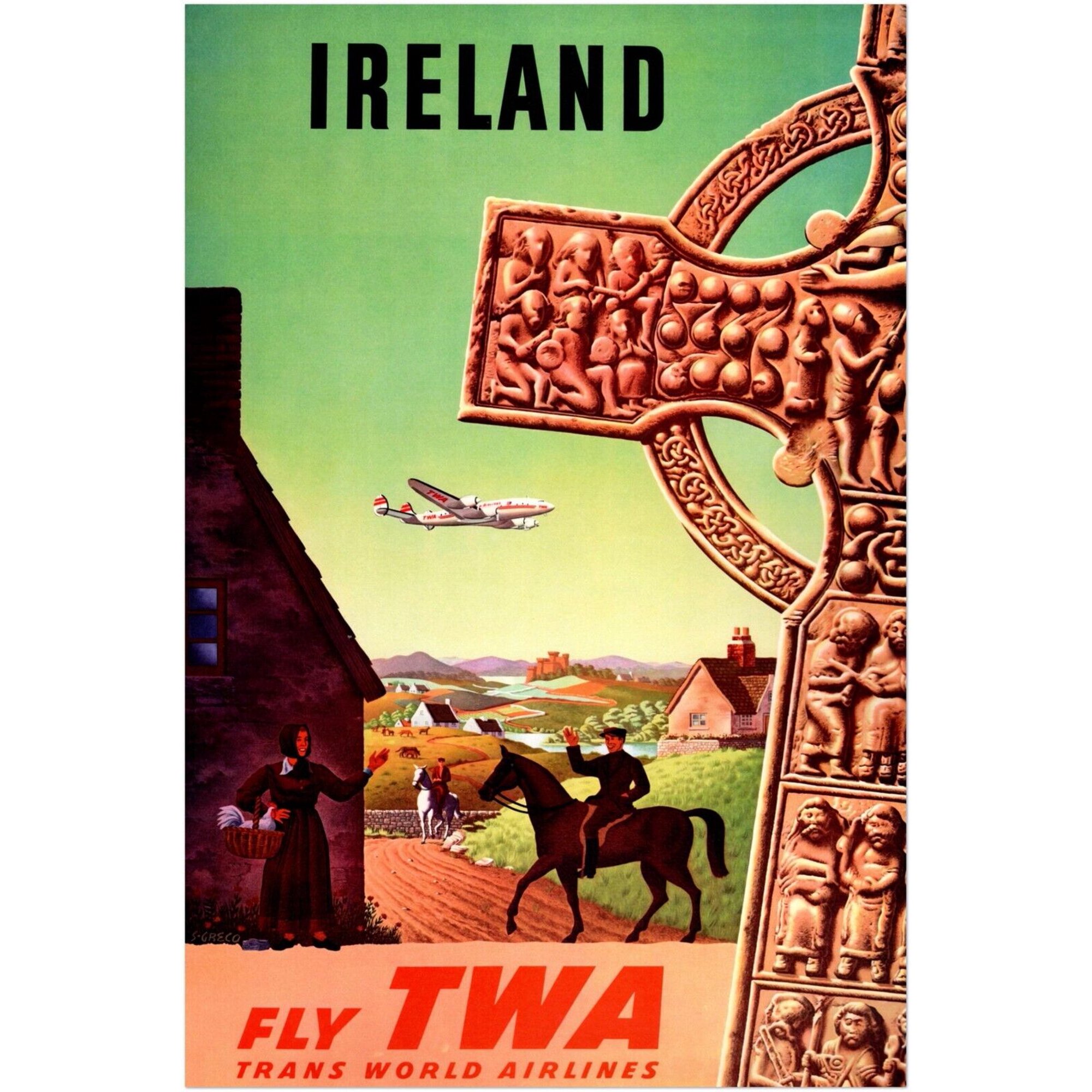 Ireland- Fly TWA - Vintage Airline Travel Poster Travel Posters (8x12Inches(US/CANonly))
