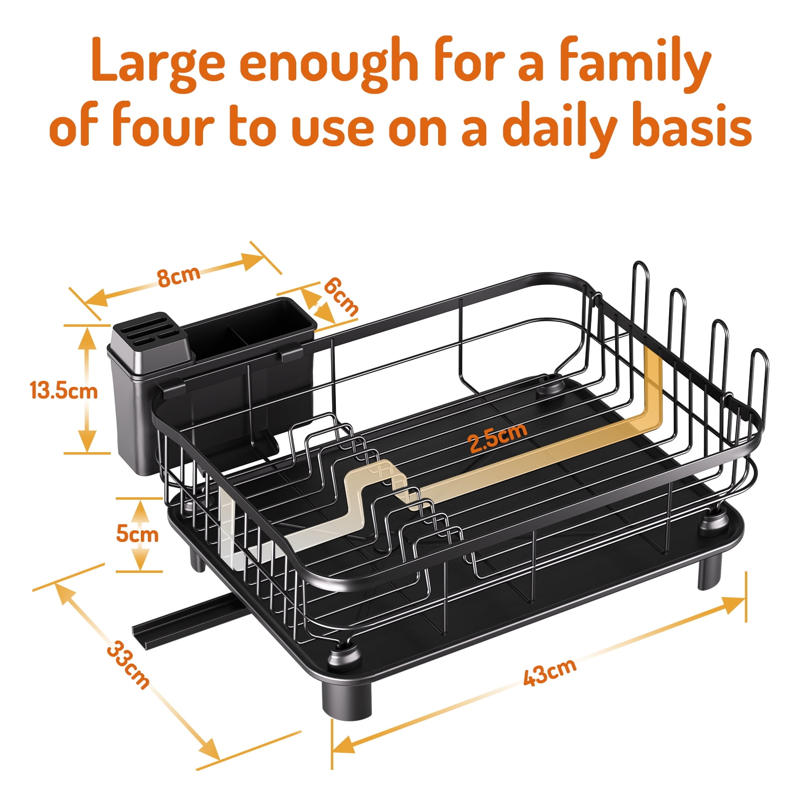 Dish Rack, Aluminum Dish Drainer,Dish Drying Rack with Removable Drip Tray, Large Storage Draining Board, Cutlery Holder & Cup Holder, Plate Rack Drainer for Kitchen Black