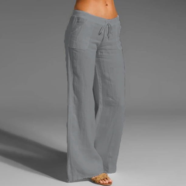 ICHUANYI Clearance Women Casual Solid Cotton Linen Elastic Waist Drawstring Long Wide Leg Pants(Gray, XXXL) Ichuanyi Ichuanyi