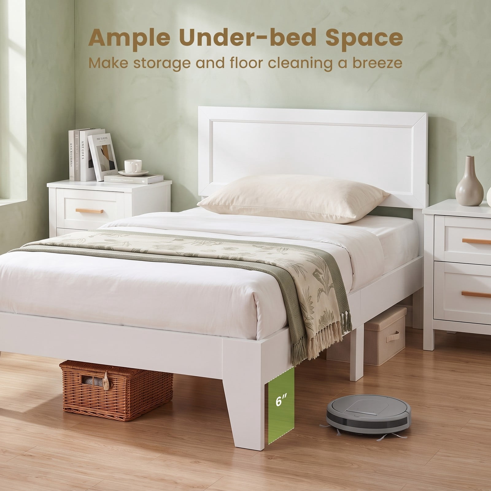 Furnibear Twin Bed Frame Wood Platform Bed with Paneled Headboard, No Box Spring Needed Wooden Platform Bed for Small Rooms, White