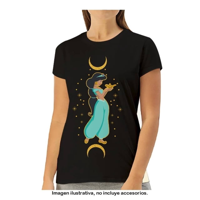 playera disney talla m manga corta con estampado de jazmin con lampara negro. Camiseta negra talla M, vista frontal centrada con cuello redondo y mangas cortas; estampado frontal de la princesa Jazmín en tonos turquesa y dorado sosteniendo una lámpara, con lunas crecientes y estrellas; fit normal, tela suave y uso casual, adecuada para combinar con jeans.