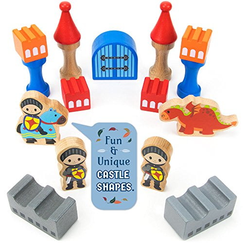 Knights Castle Building Blocks Drum Wooden Stacking Blocks Set in Sturdy Travel Case Storytelling Educational Toys for Toddlers Fine Motor Skills Role-playing Development 