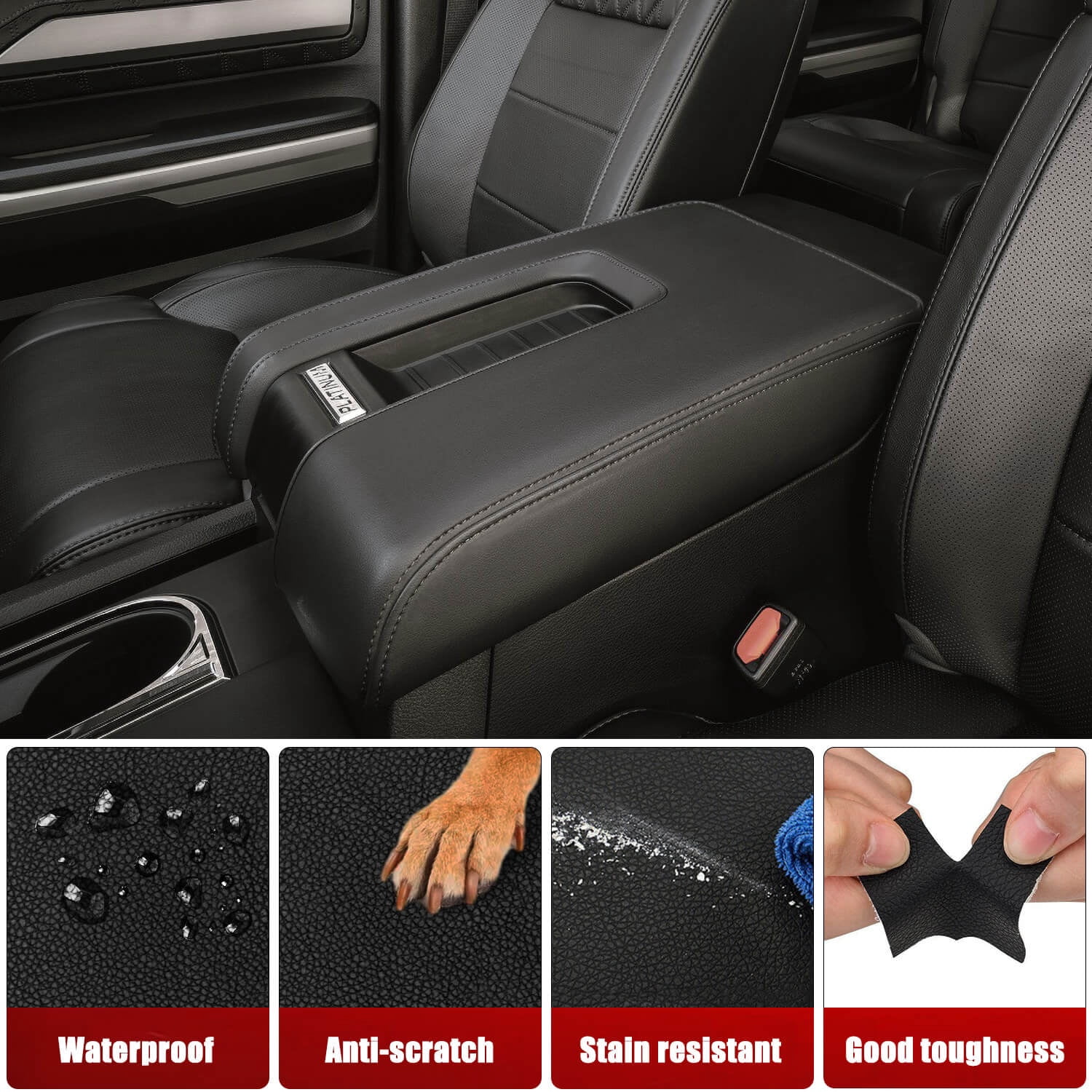 KBH Center Console Lid Replacement for Toyota Tundra 2014-2021, Black Leather Armrest Cover Skin Uhpholstery for Truck Interior Accessories (Leather Part Only)