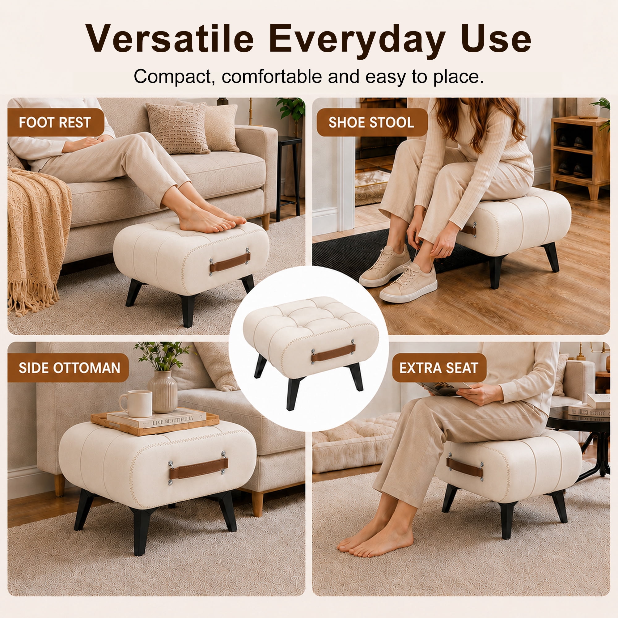 Leumius Modern Leather Stool with Hidden Storage,Portable Handles & Metal Legs,Square Footrest for Living Room,White