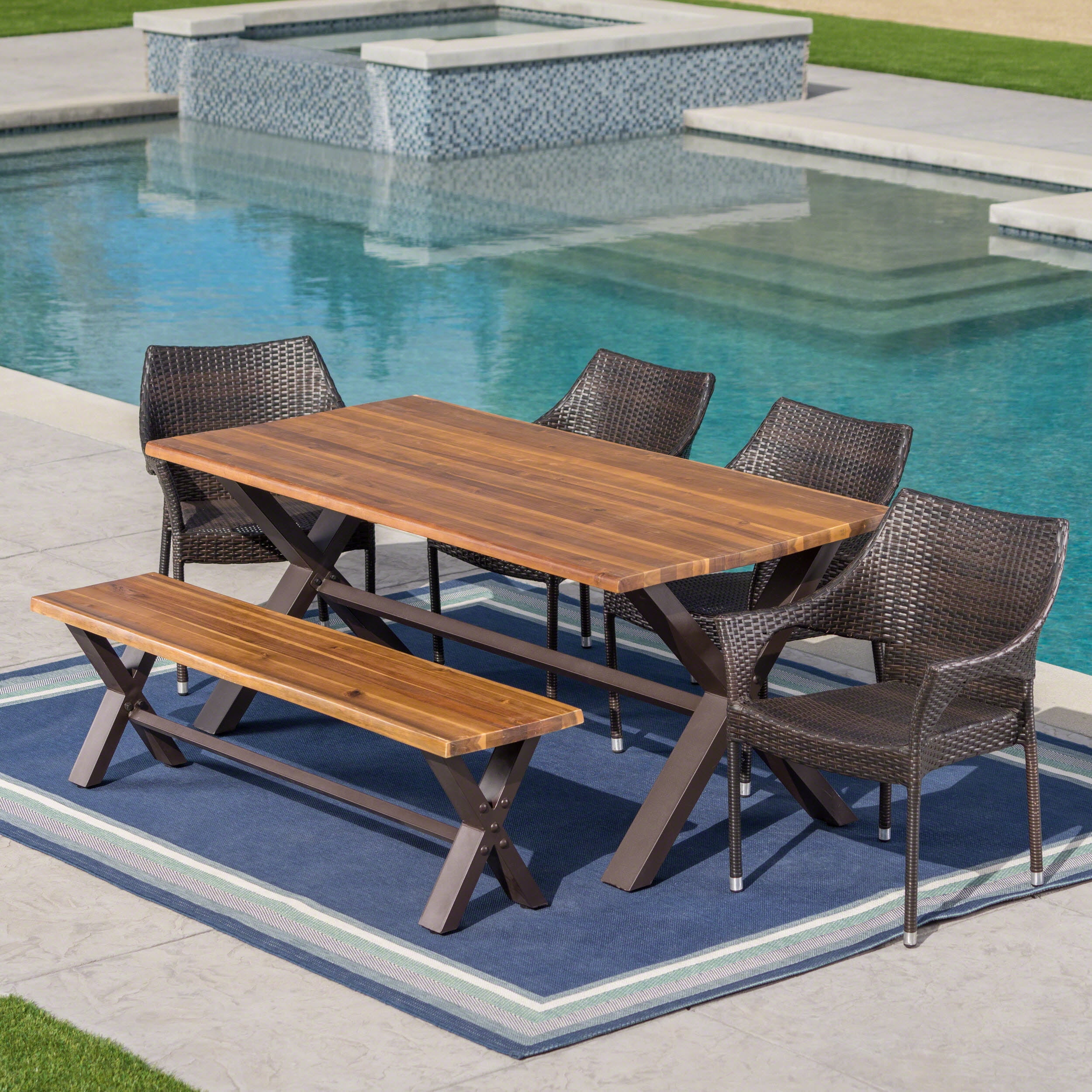 Charleigh Outdoor 6 Piece Acacia Wood Dining Set with Wicker Stacking ...
