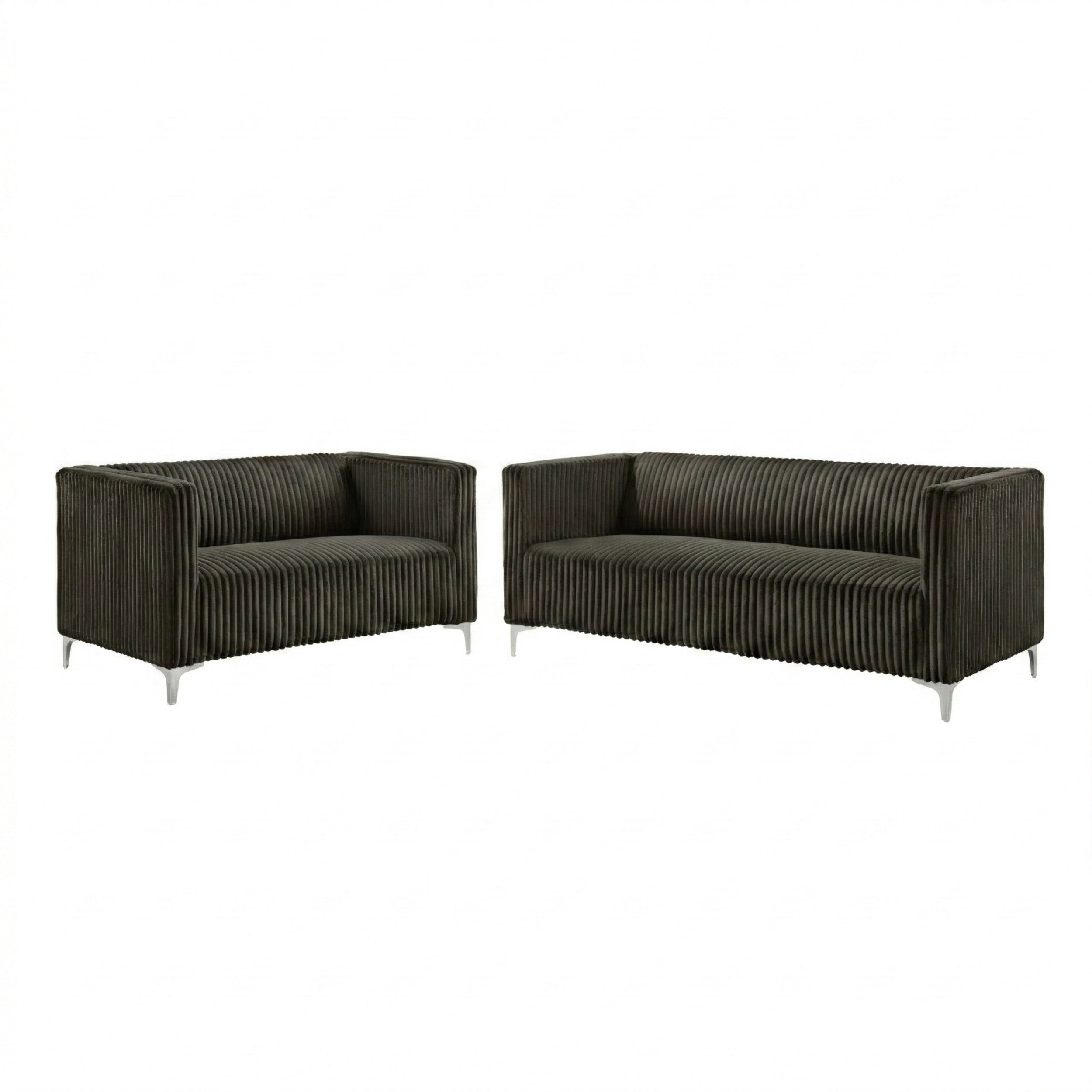 Home Design Gavin 2-Piece Velvet Living Room Set with Loveseat and Sofa, Square Arm Design, Channel Tufted Upholstery, Brown
