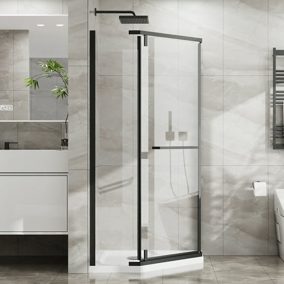 Demi Bonn 36" x 72" Neo-Angle Corner Clear Tempered Glass Frameless Shower Door with Clear SGCC Tempered Glass Pivot, Walk-In Wet Room Divider, Black