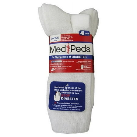 MediPeds Unisex Diabetic Crew Casual Socks with Non-Binding Top, Large, 4 Pack