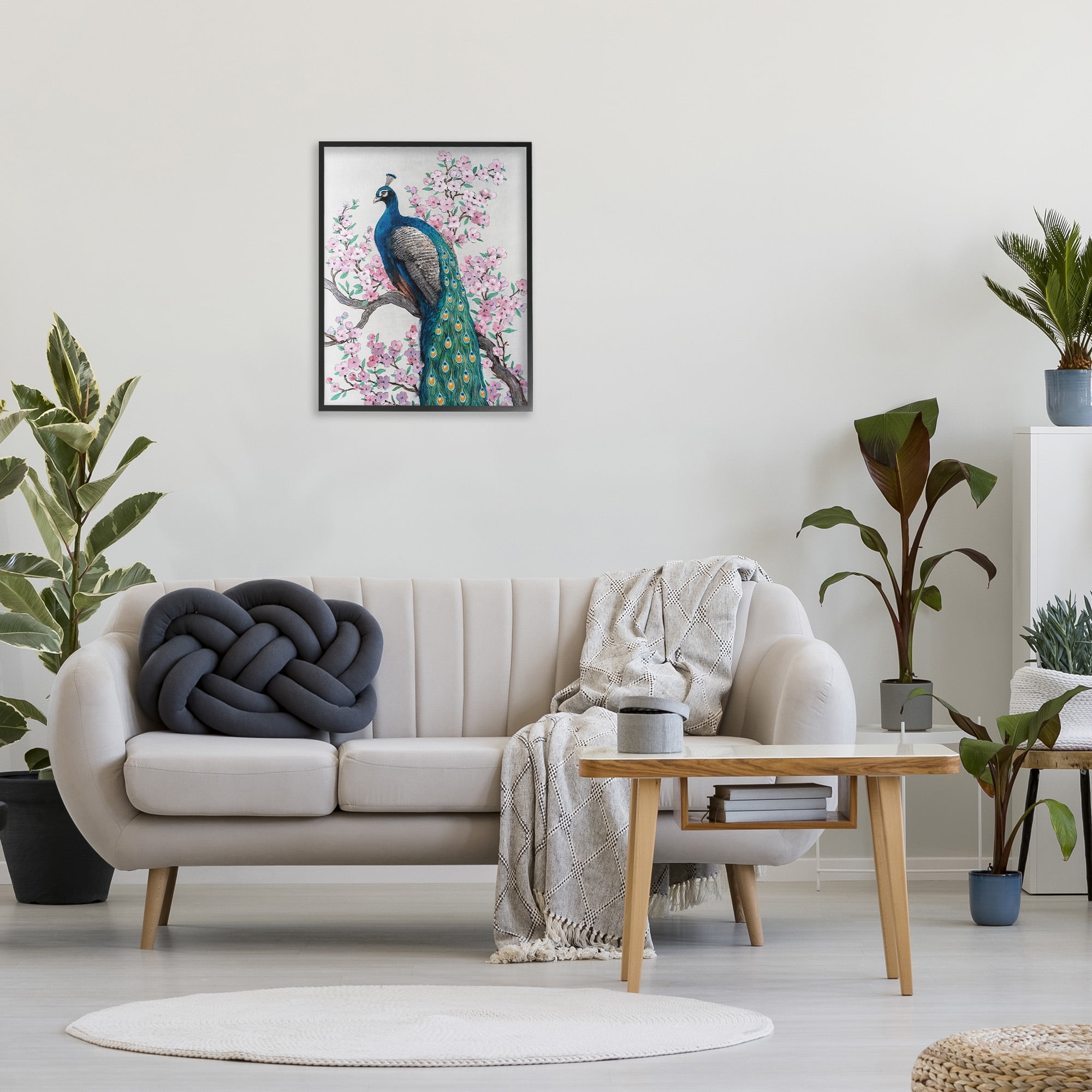 Stupell Industries Peacock & Cherry Blossoms Animals & Insects Painting Black Framed Art Print Wall Art, 24 x 30