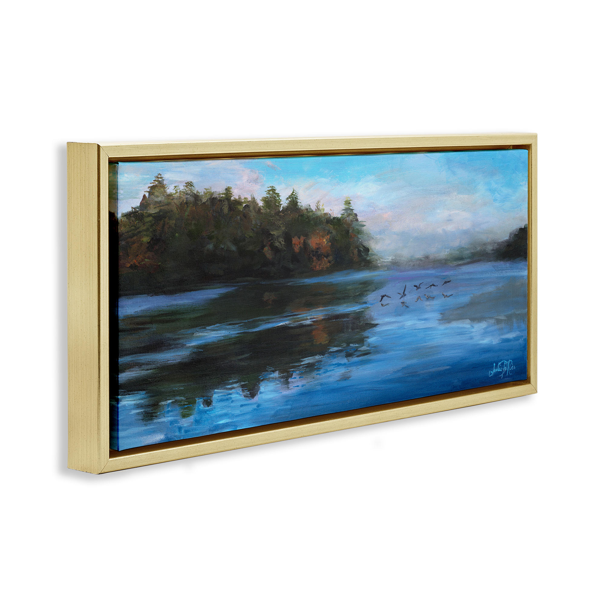 Stupell Industries Birds Along River Landscape Painting Gold Floater Framed Art Print Wall Art, 31 x 14