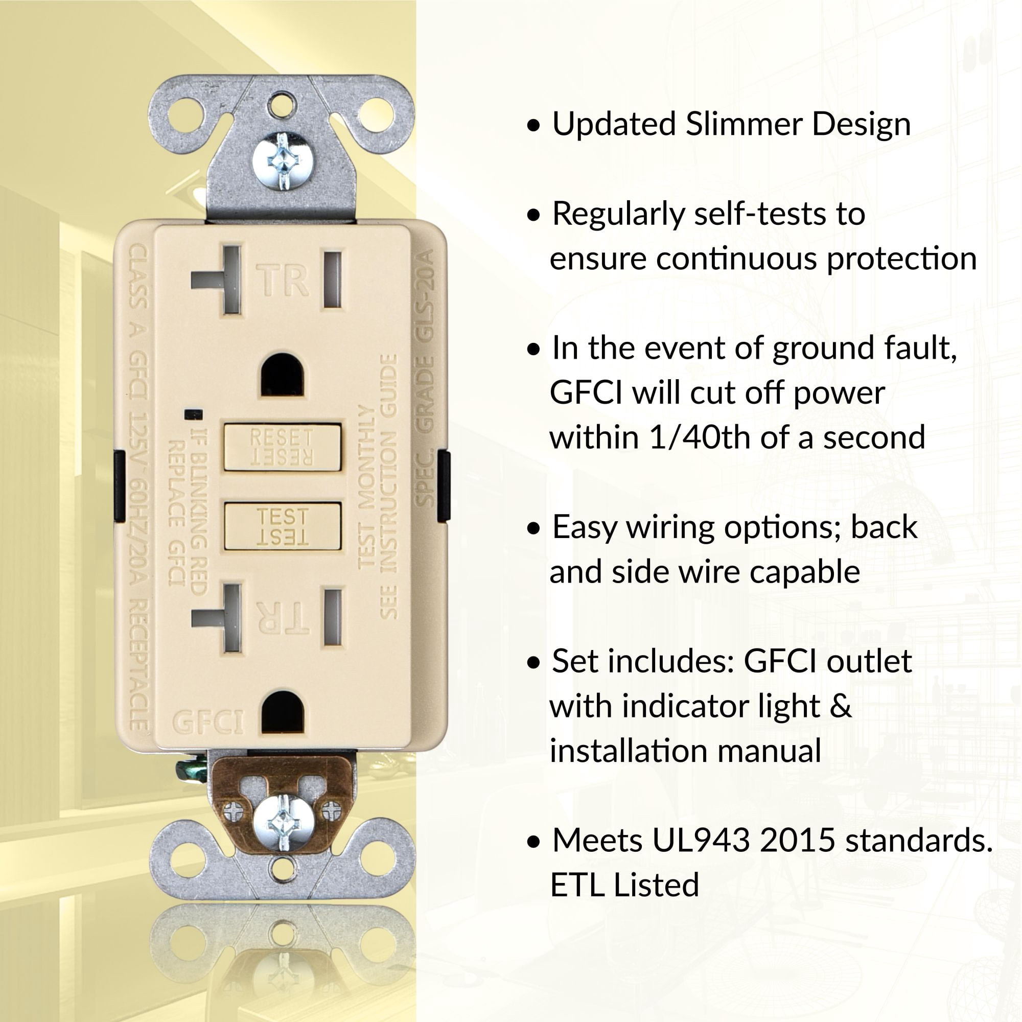 Faith 20A GFCI Outlets, Slim, Tamper-Resistant GFI Receptacles, Ivory, 3 Pack