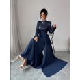 thumbnail image 4 of Navy Blue Elegant Sequin Long Sleeve High Neck Wrap Waist Maxi Dress For Banquet Party Wedding Guest, 4 of 7