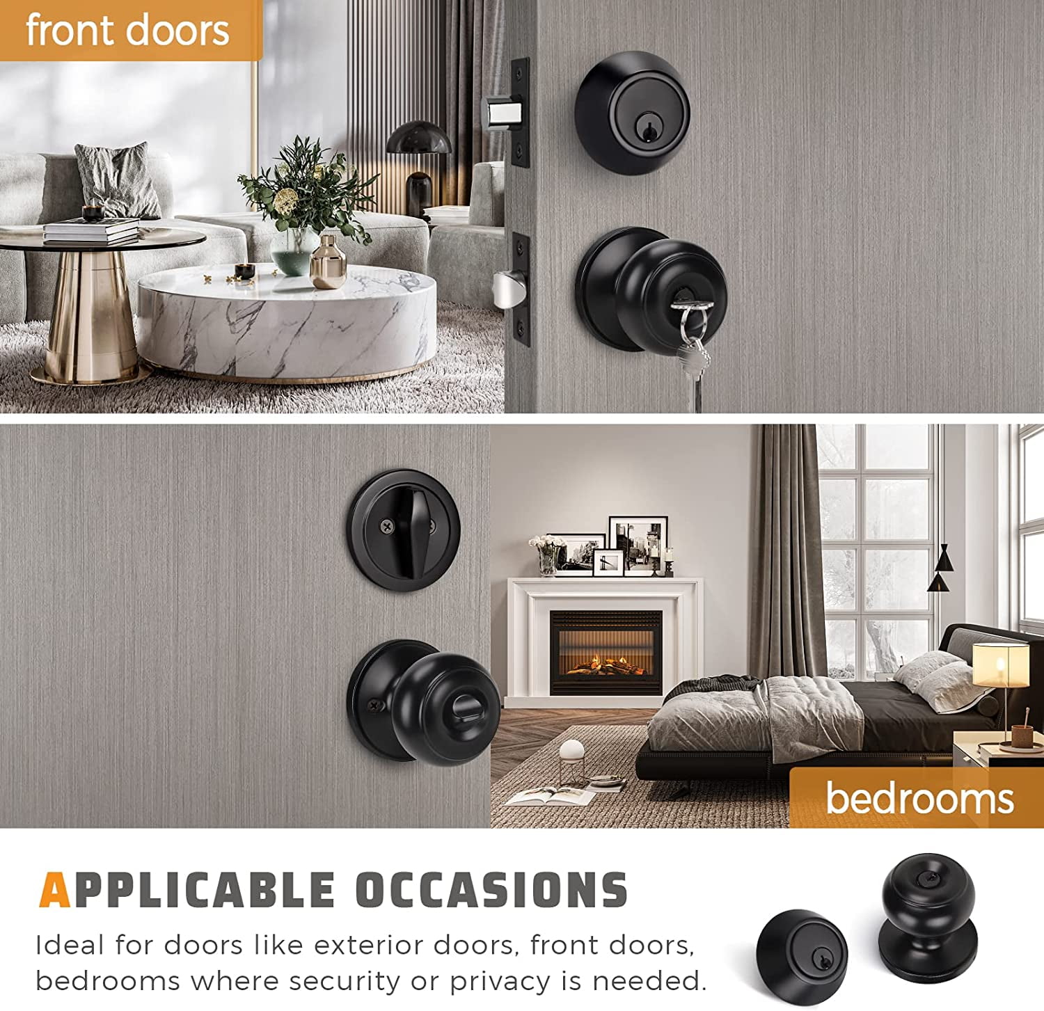 2 Pack All Keyed Same Entry Door Knob and Single Cylinder Deadbolt Combo Set, Black Exterior Door Knobs with Lock and Key for Entrance and Front Door, Keyed Alike Deadbolt and Door Knob Set
