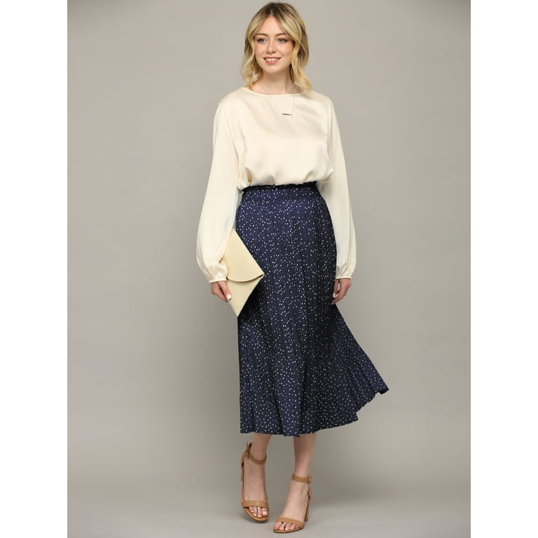 MBJ WB2383 Womens High Waist Polka Dot Pleated Skirt Midi