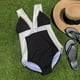 thumbnail image 4 of Gibobby Bañador de una pieza Traje de baño de empalme sólido de moda para mujer Traje de baño de bikini sexy Traje de baño de pieza de correa de baño Con(Negro,XL), 4 of 5