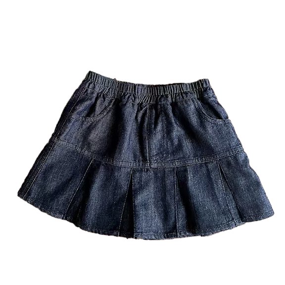 VNKIDY Girls Kids Elastic Waist Denim Pleated Mini Skirt With Side Pockets Stitched Panel Details For Daily Wear Dark Blue 7-8 Years