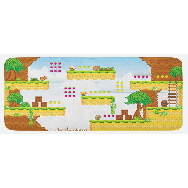Video Games Kitchen Mat, Cartoon Retro Computer Graphic Western Design Box Cloud Fun Adventure 9 's, Plush Decorative Kitchen Mat with Non Slip Backing, 47" X 19", Multicolor, by Ambesonne