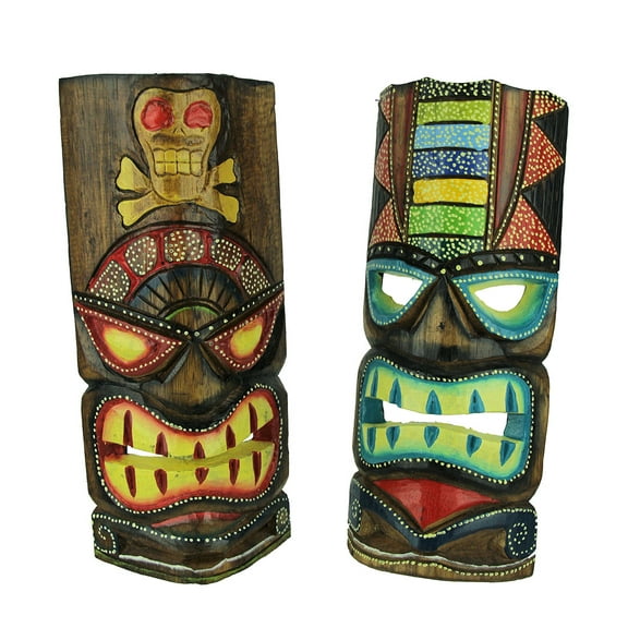 Chesapeake Bay Ltd 12 inch Carved Wood Tiki Totem Wall Mask Tropical Décor (Set of 2)
