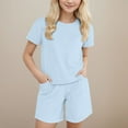 thumbnail image 2 of Girls Summer Outfits 2 Piece Clothes Color Block Drop Shoulder Sleeve Top and Casual Short Sets Activewear Clothes For Teen Girls 12-14, 2 of 9