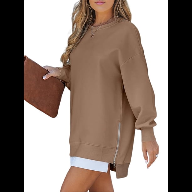 Sudadera de Larga con Cremallera y Abertura para Mujer, Estilo Informal, con Capucha y Cremallera, para Otoño Caqui L