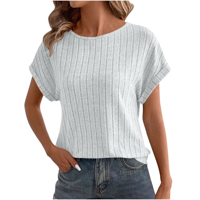 tarylea Hauts pour Femmes Été Col Rond Tricot Haut Décontracté Manches Courtes Blouses Amples Basiques 2025