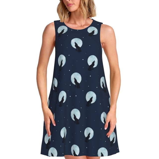 Easygdp Wolf And Moon para Vestido Transpirable de Mujer, Vestido Suelto de Manga Corta con Pliegues y Bolsillos para el Verano