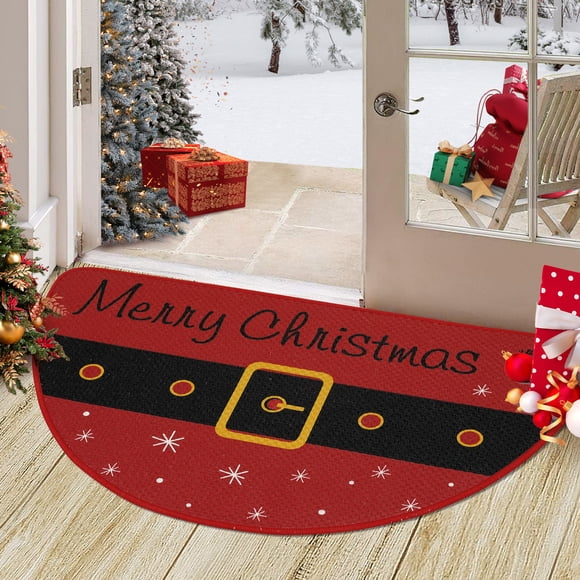 Felpudo navideño semicircular antideslizante para entrada de hogar - Absorbe humedad, fácil mantenimiento - Decoración festiva - Uso interior/exterior - Color rojo, diseño USA, 17x29in