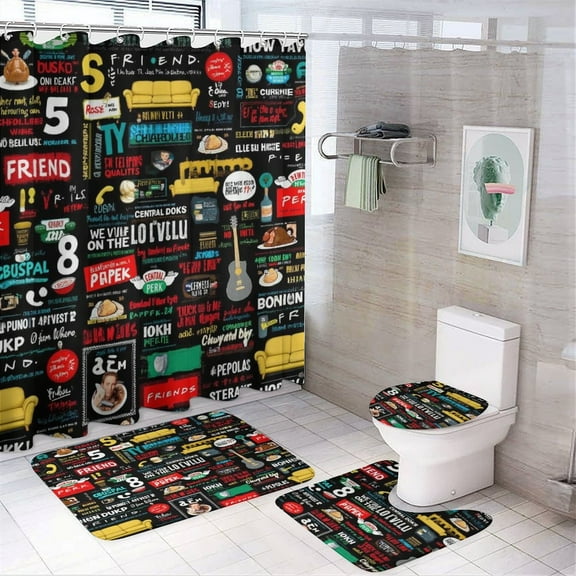 FRIENDS TV SHOW COLLAGE Shower Curtain Bathroom Sets Toilet Lid Rug, Bath Mat And Contour Mat, Shower Curtain 4Pcs
