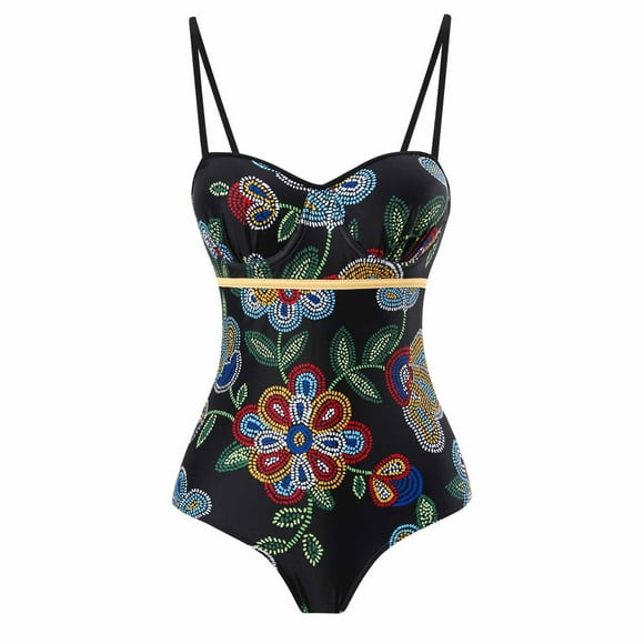 RKSTN Womens Swimsuit Vintage Print Lace-up One-piece Swimsuit Bikini V Neck Comfortable Bathing Suits