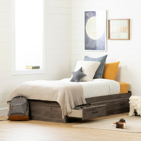 Homestock Art Deco Dreams Twin Size Platform Storage Bed With 3 Drawers - 76.5"L X 40.5"W X 14.75"H, Oak Finish, Adjustable Bed For Timeless Bedroom Style And Practical Storage Solutions