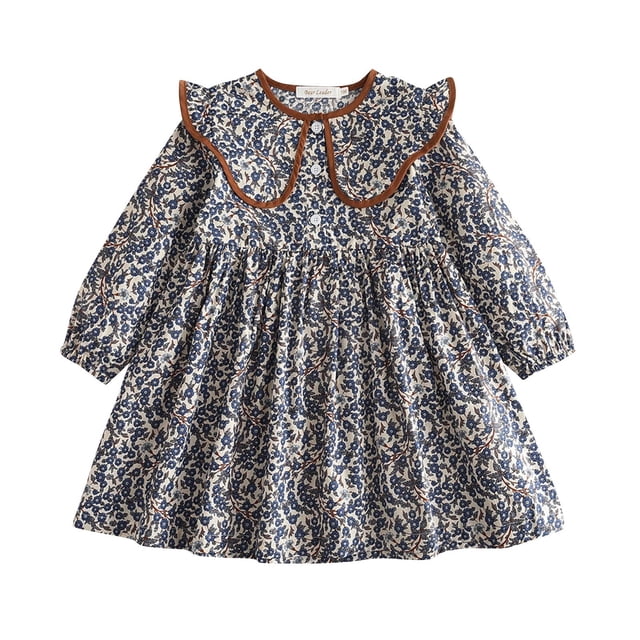 Odeerbi Niñas Vestido Floral Primavera Otoño Cuello Peter Pan Vestido Algodón Cuello Redondo Manga Larga